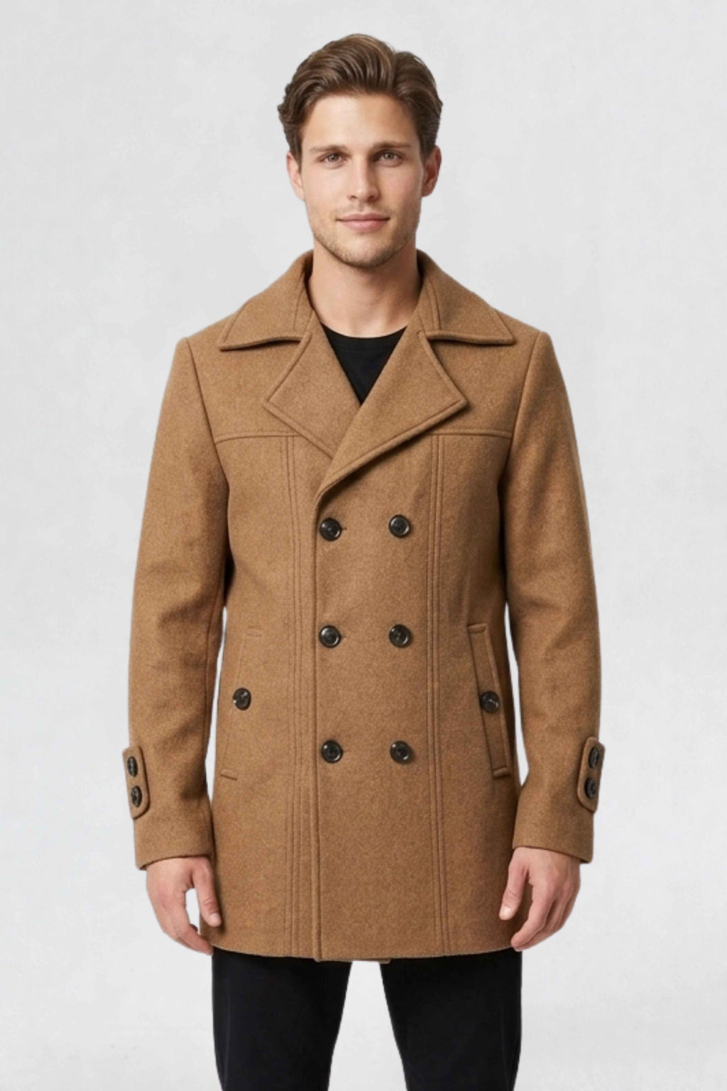 MENS DOUBLE BREASTED PEA COAT | TAN BROWN