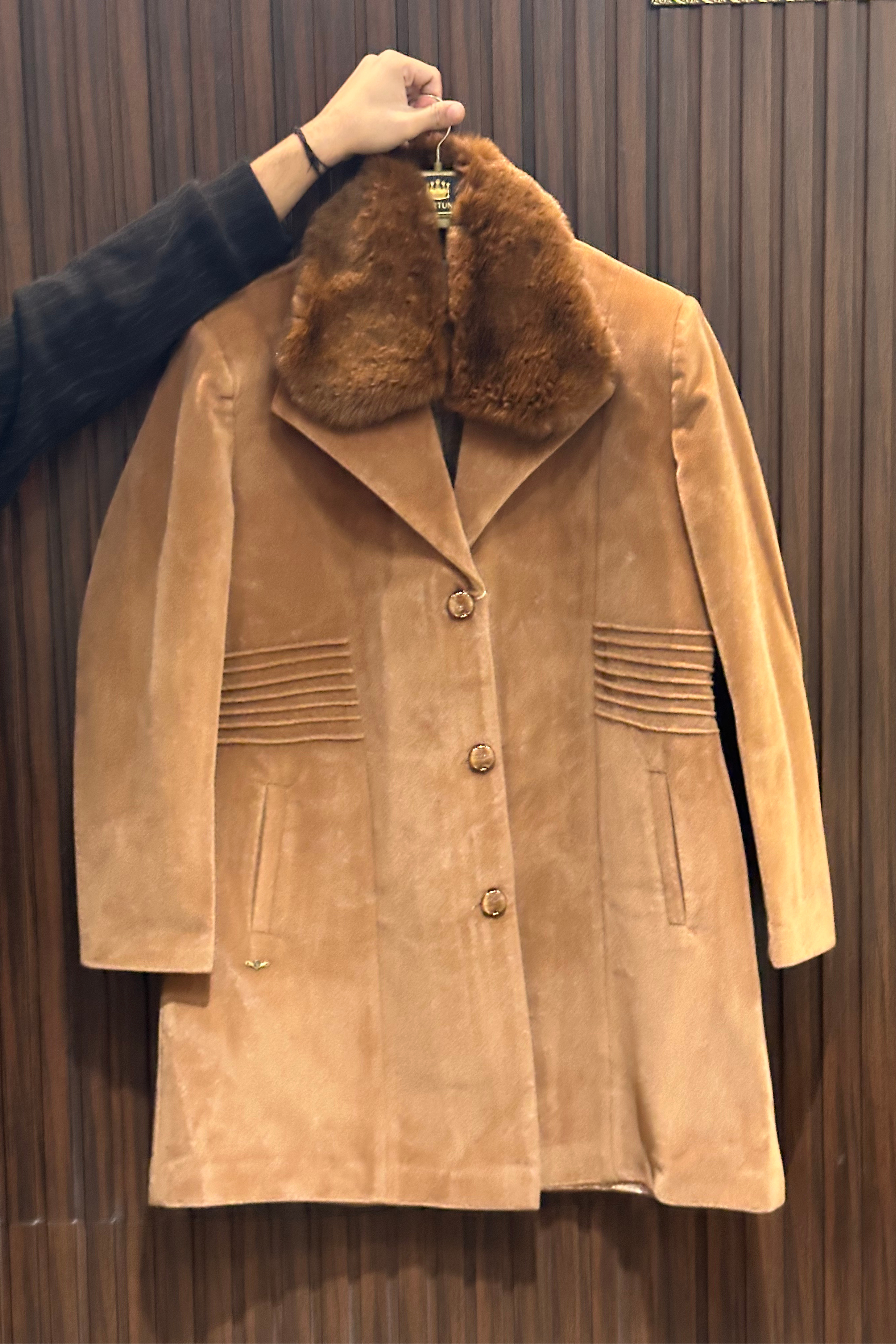 VELVET FAUX-FUR OVERCOAT TAN