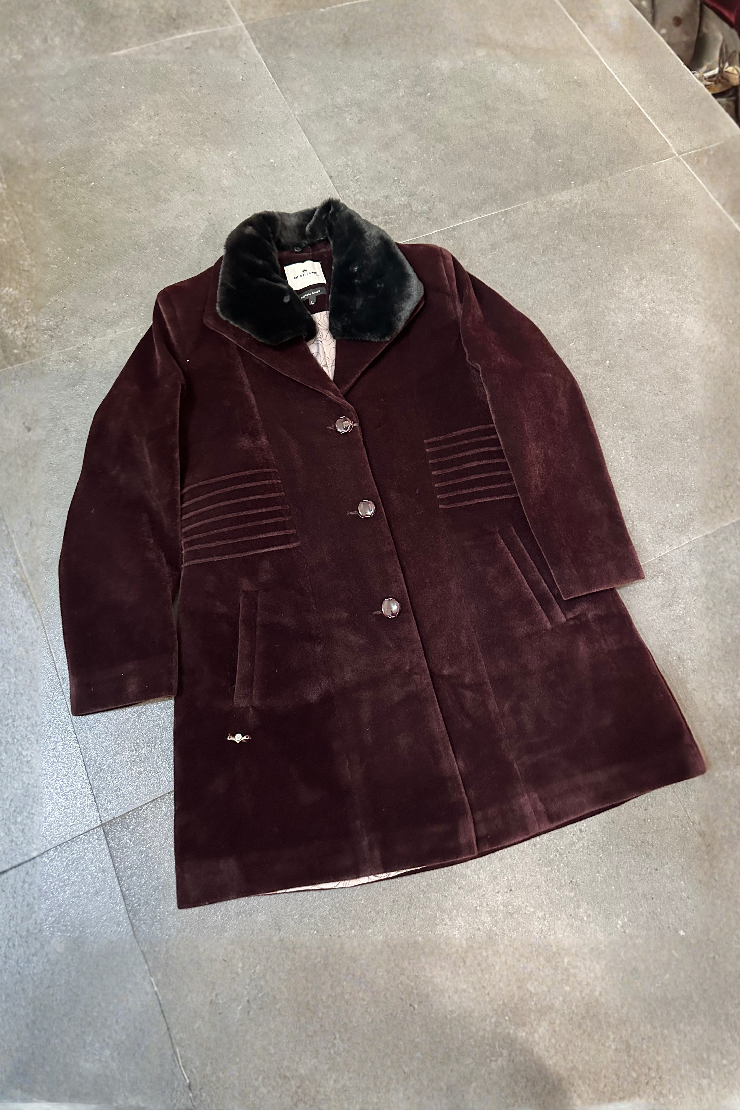 VELVET FAUX-FUR OVERCOAT WINE
