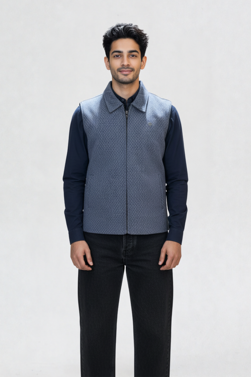 JACQUARD MENS HALF JACKET | BLUE