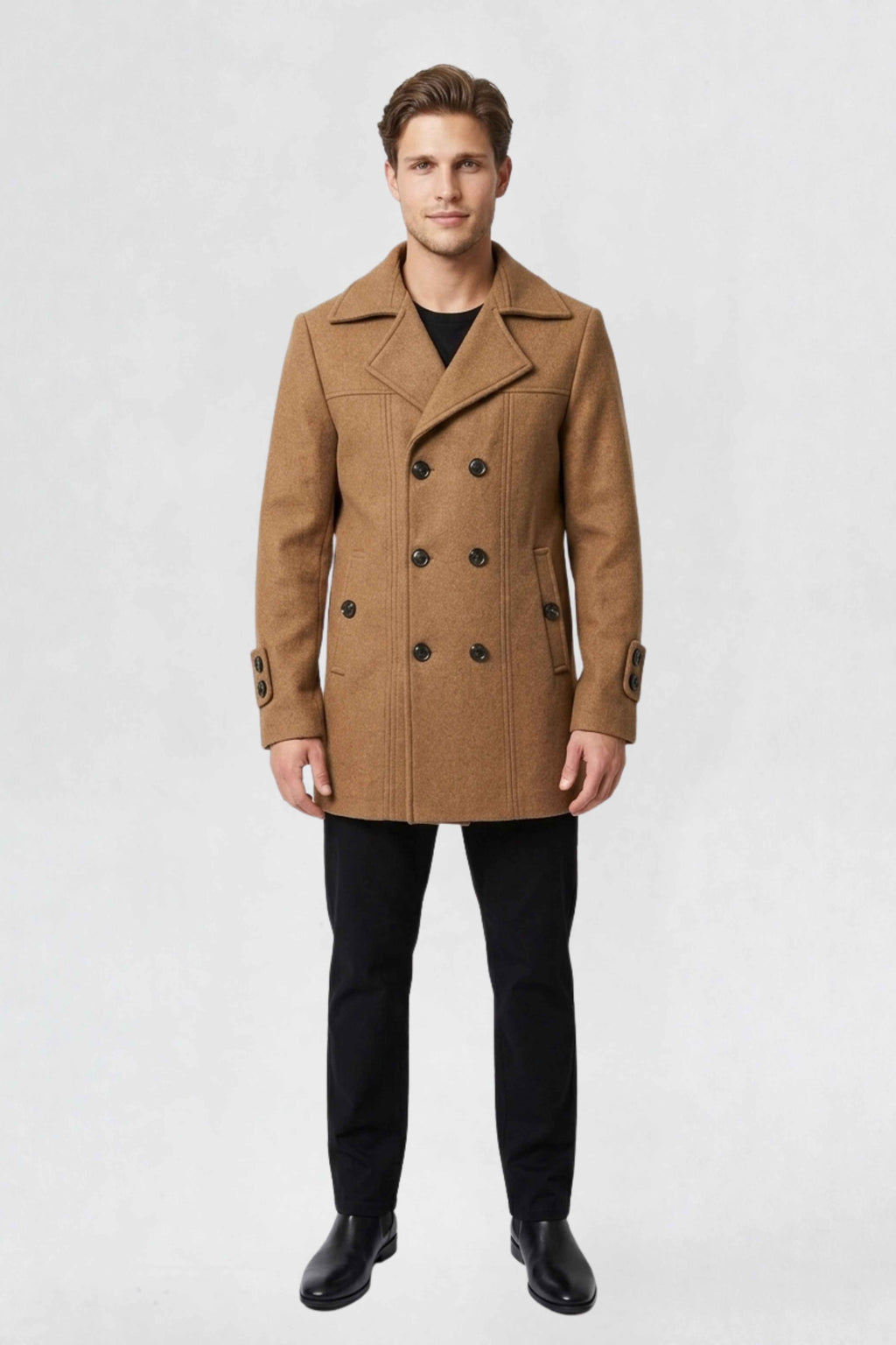 MENS DOUBLE BREASTED PEA COAT | TAN BROWN