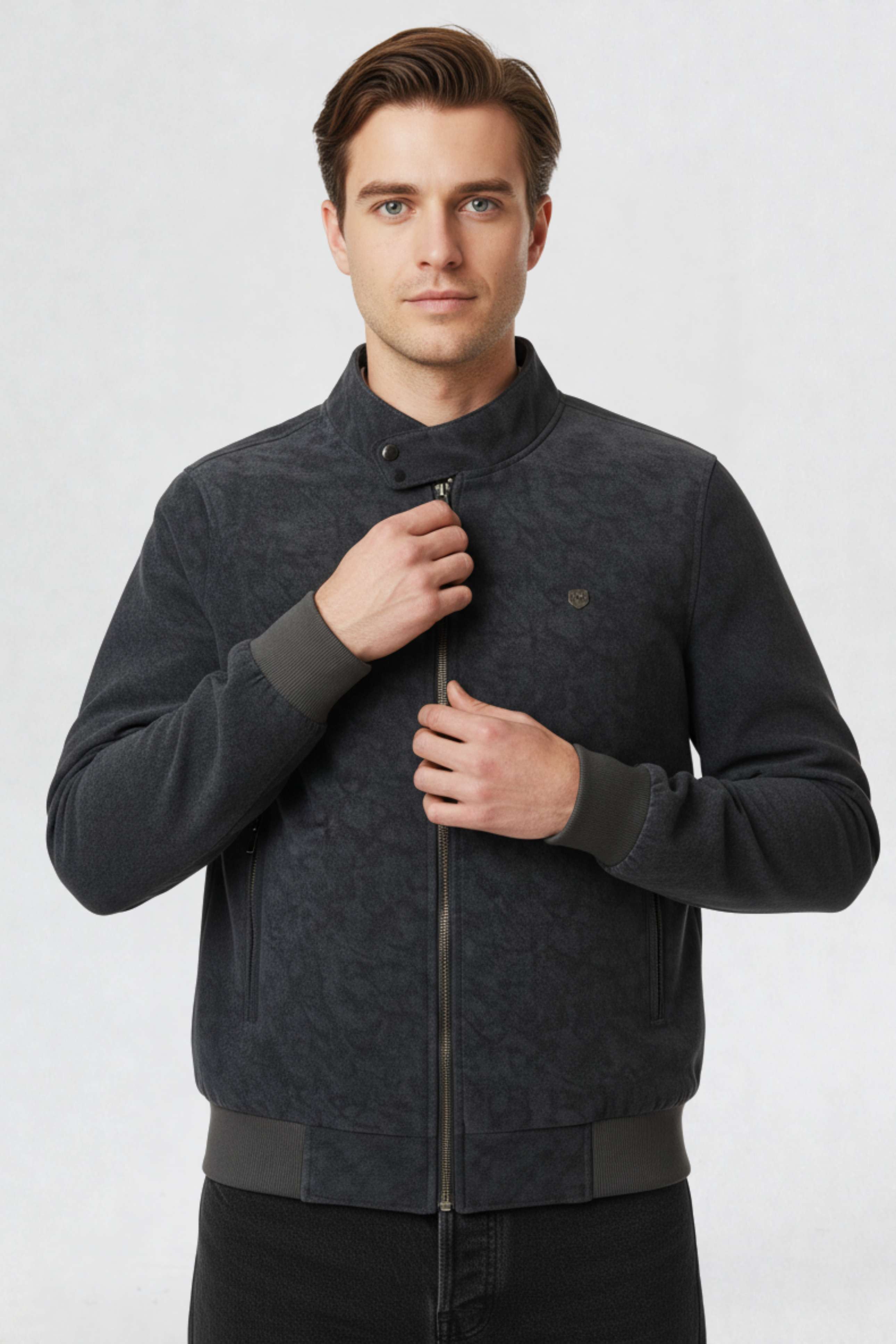 TEXTURED PU LEATHER JACKET NAVY BLUE