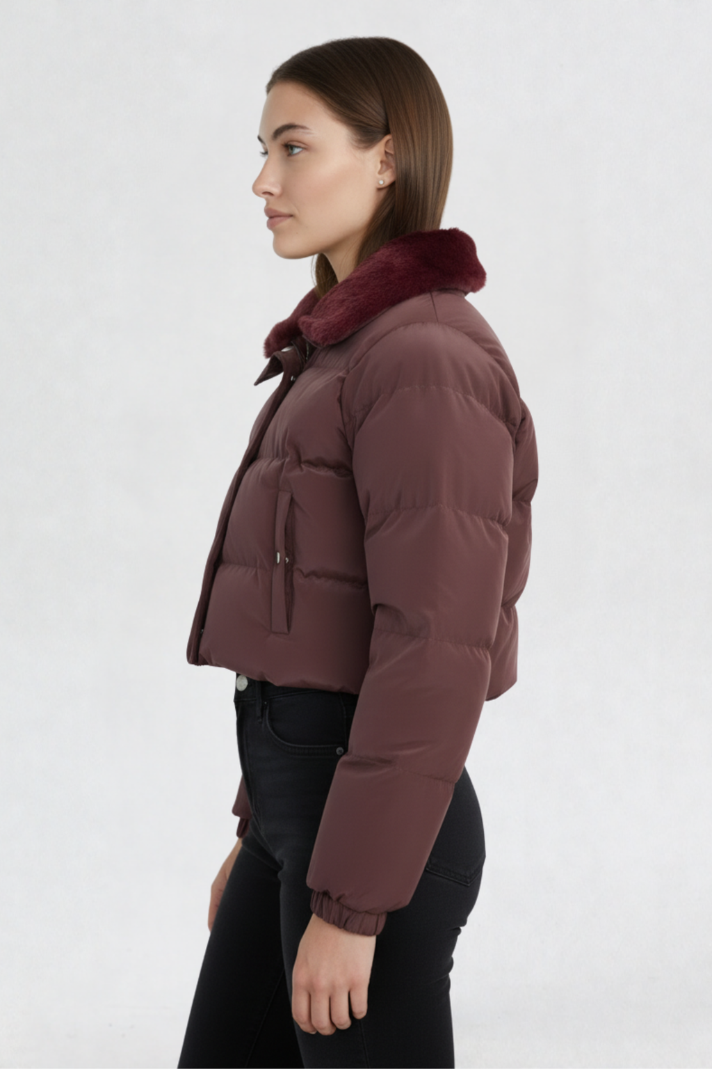 CROPPED PUFFER JACKET FOR WOMEN | WINE RED