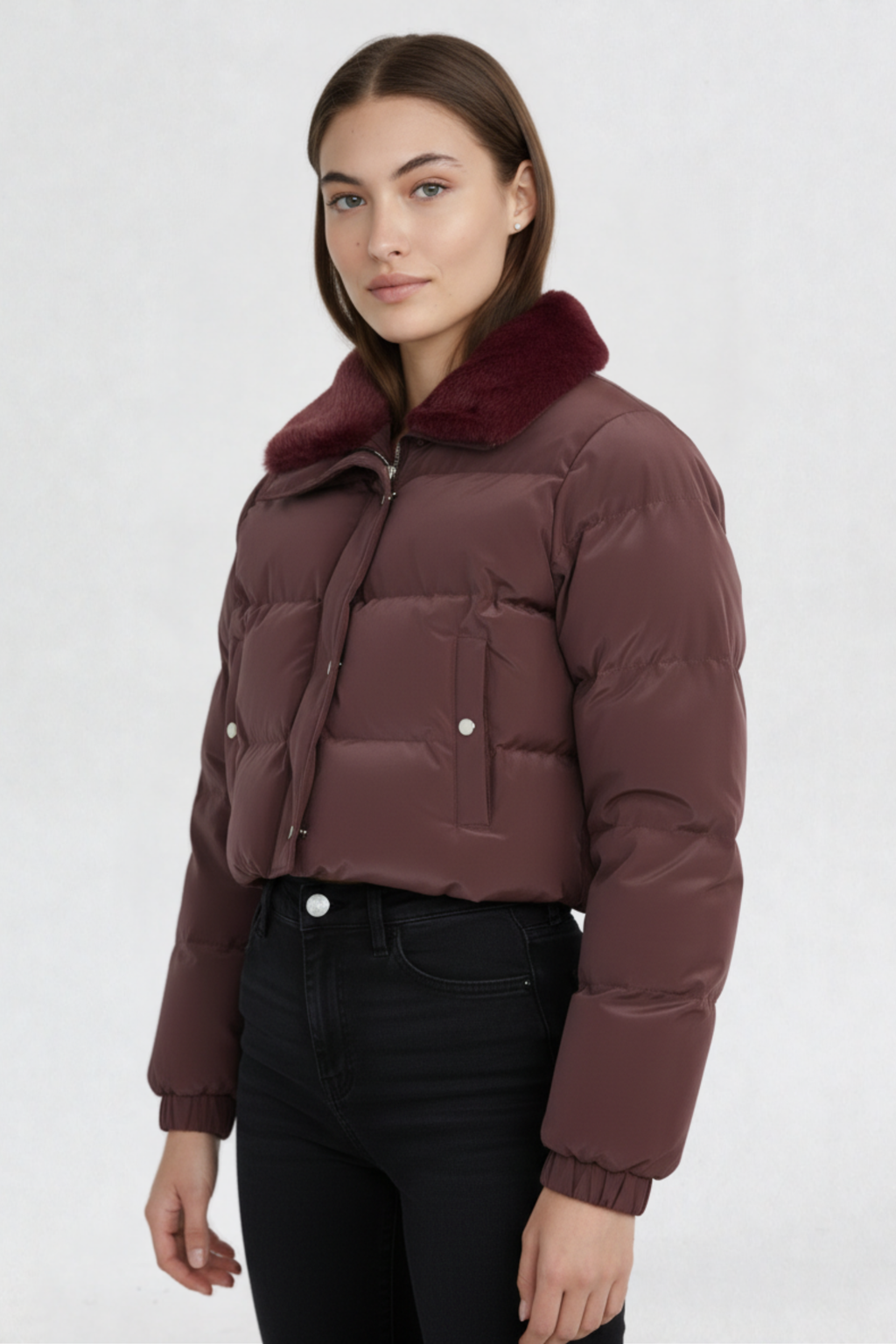 CROPPED PUFFER JACKET FOR WOMEN | WINE RED