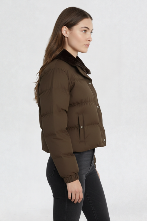 CROPPED PUFFER JACKET FOR WOMEN | COFFEE BROWN
