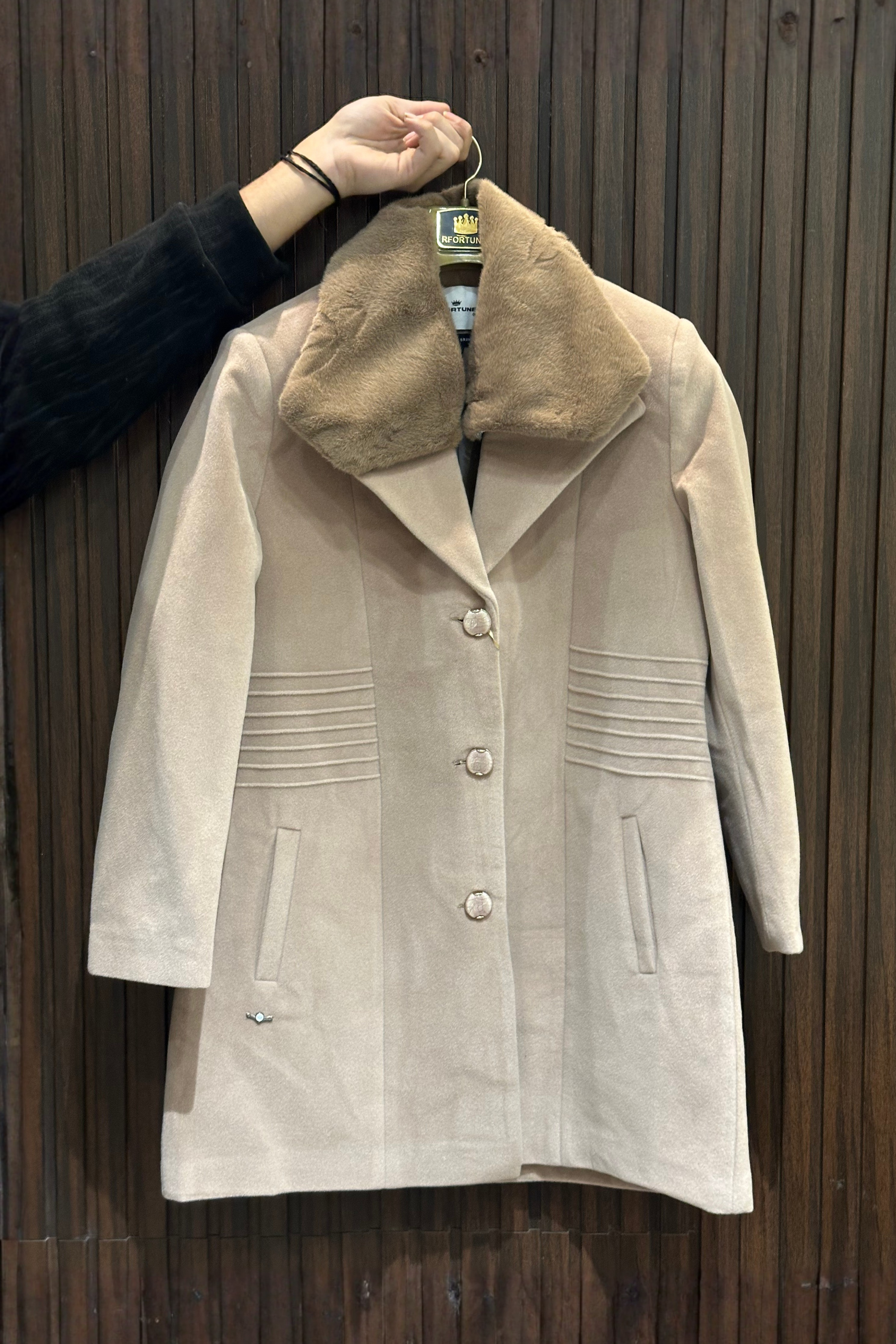 VELVET FAUX-FUR OVERCOAT BEIGE