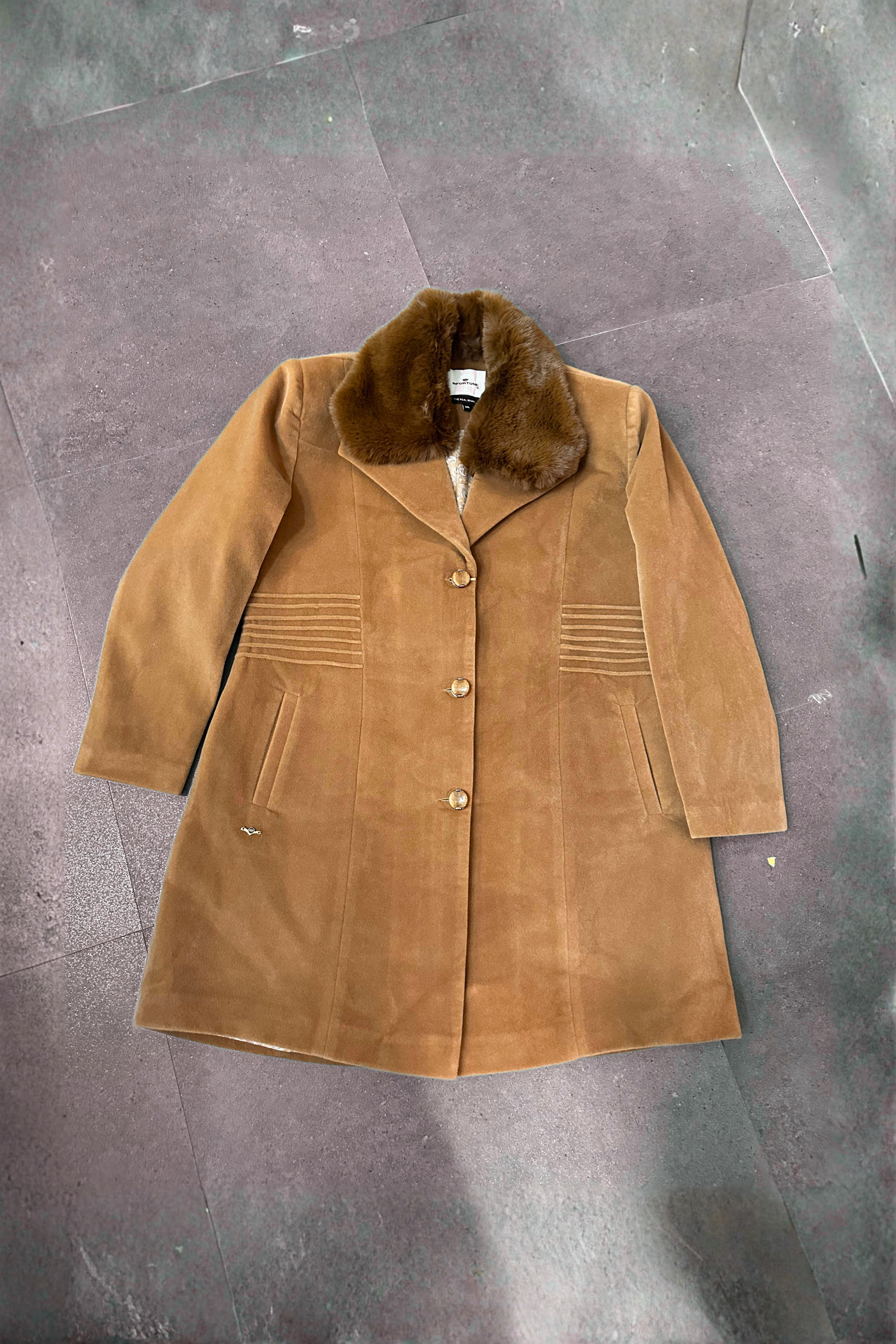 VELVET FAUX-FUR OVERCOAT TAN