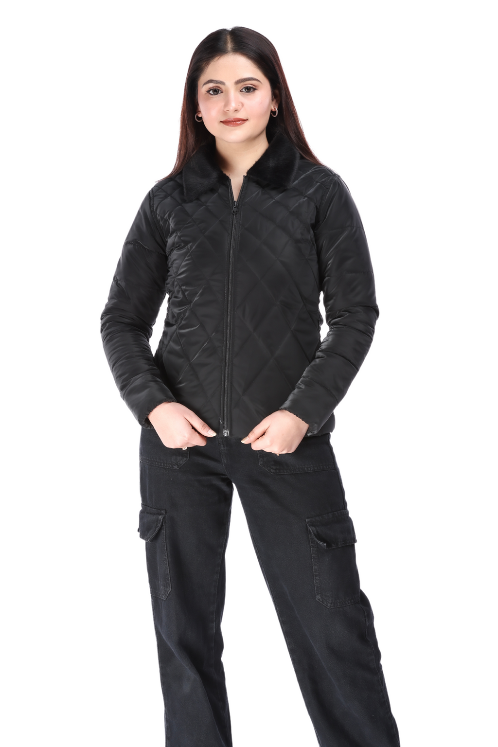 Woman wearing a stylish black Faux-Fur PU Jacket with quilted design, paired with black cargo pants and ankle boots – front full-body view on white background.