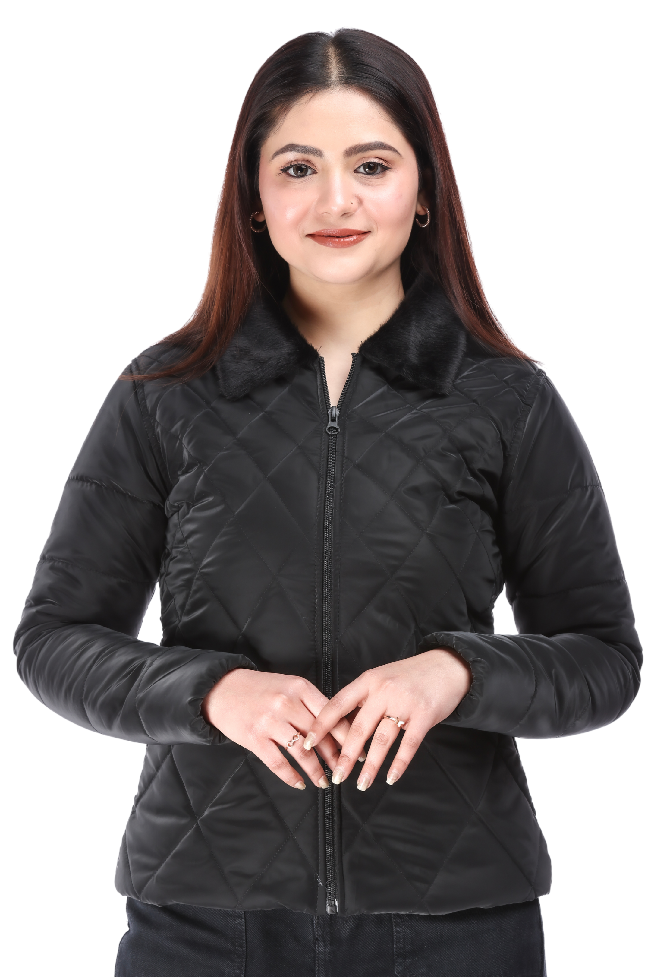 Close-up view of black Faux-Fur PU Jacket featuring soft faux fur collar and diamond quilted PU leather texture – stylish winter wear for women.