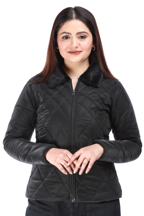 Close-up view of black Faux-Fur PU Jacket featuring soft faux fur collar and diamond quilted PU leather texture – stylish winter wear for women.