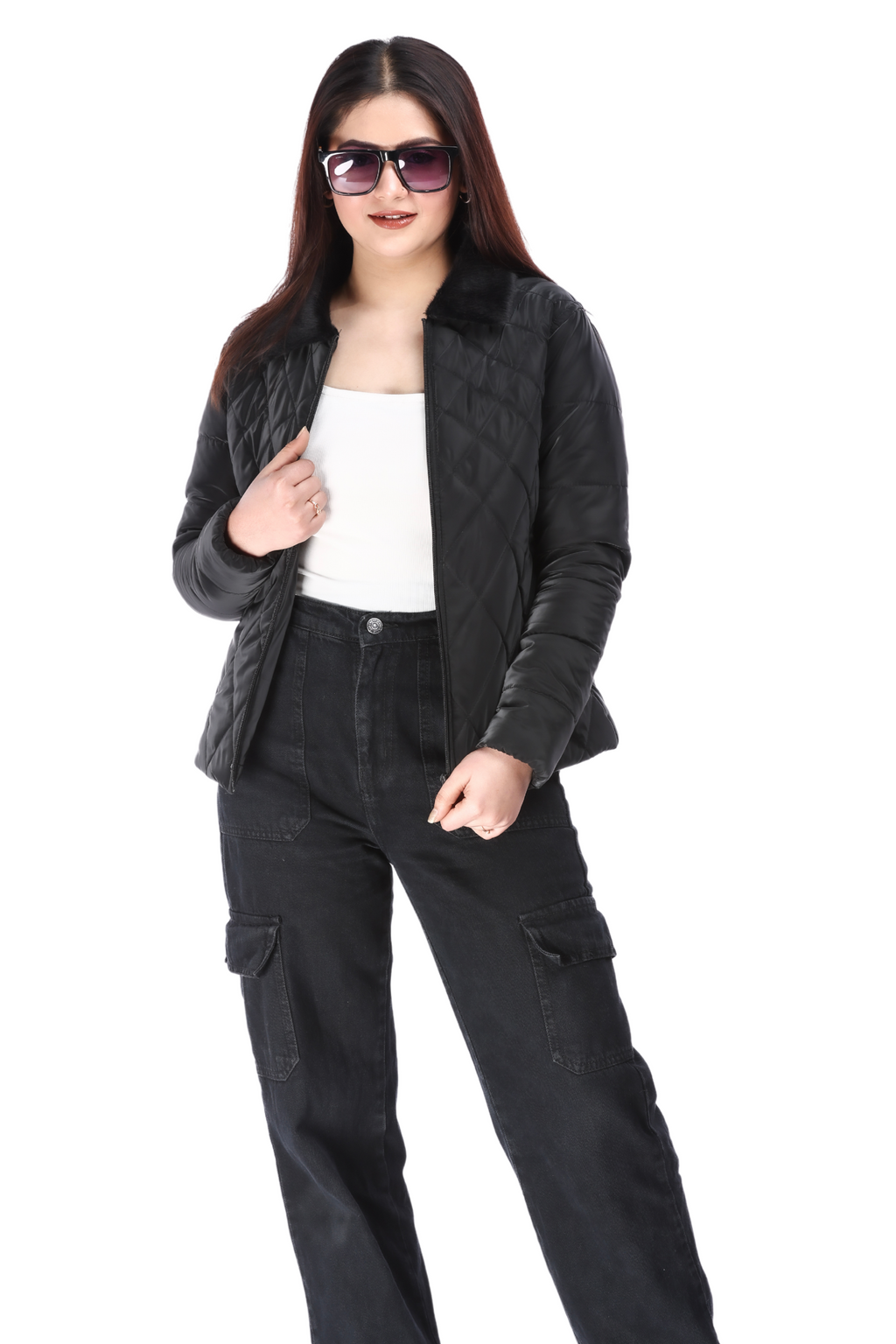 Fashion-forward look featuring woman in black Faux-Fur PU Jacket styled open over white top, with black wide-leg cargo jeans and sunglasses – trendy street style outfit.