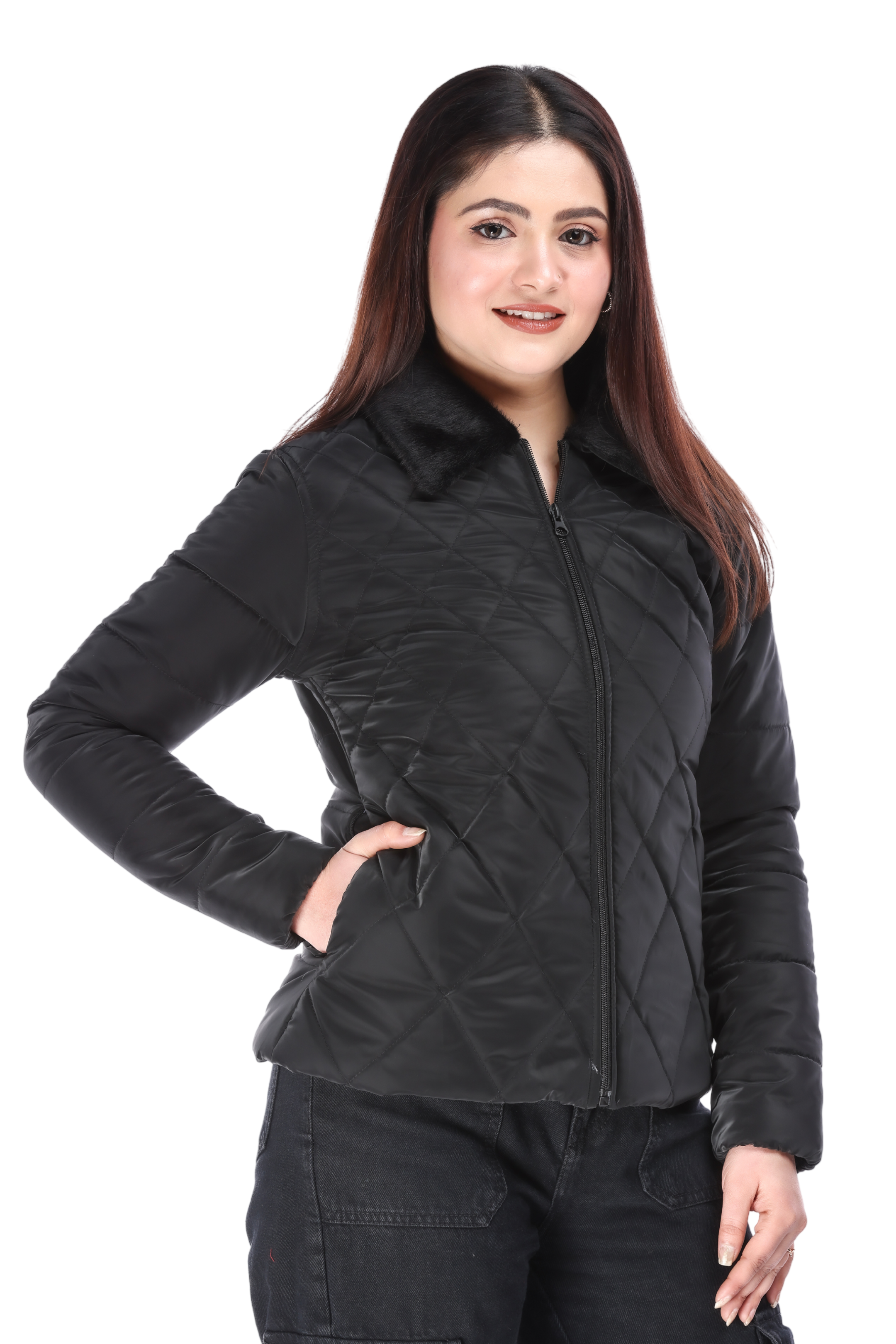 Side view of black Faux-Fur PU Jacket with hands in pockets, showing detailed quilting and elegant faux fur collar – cozy and chic outerwear for cold weather.