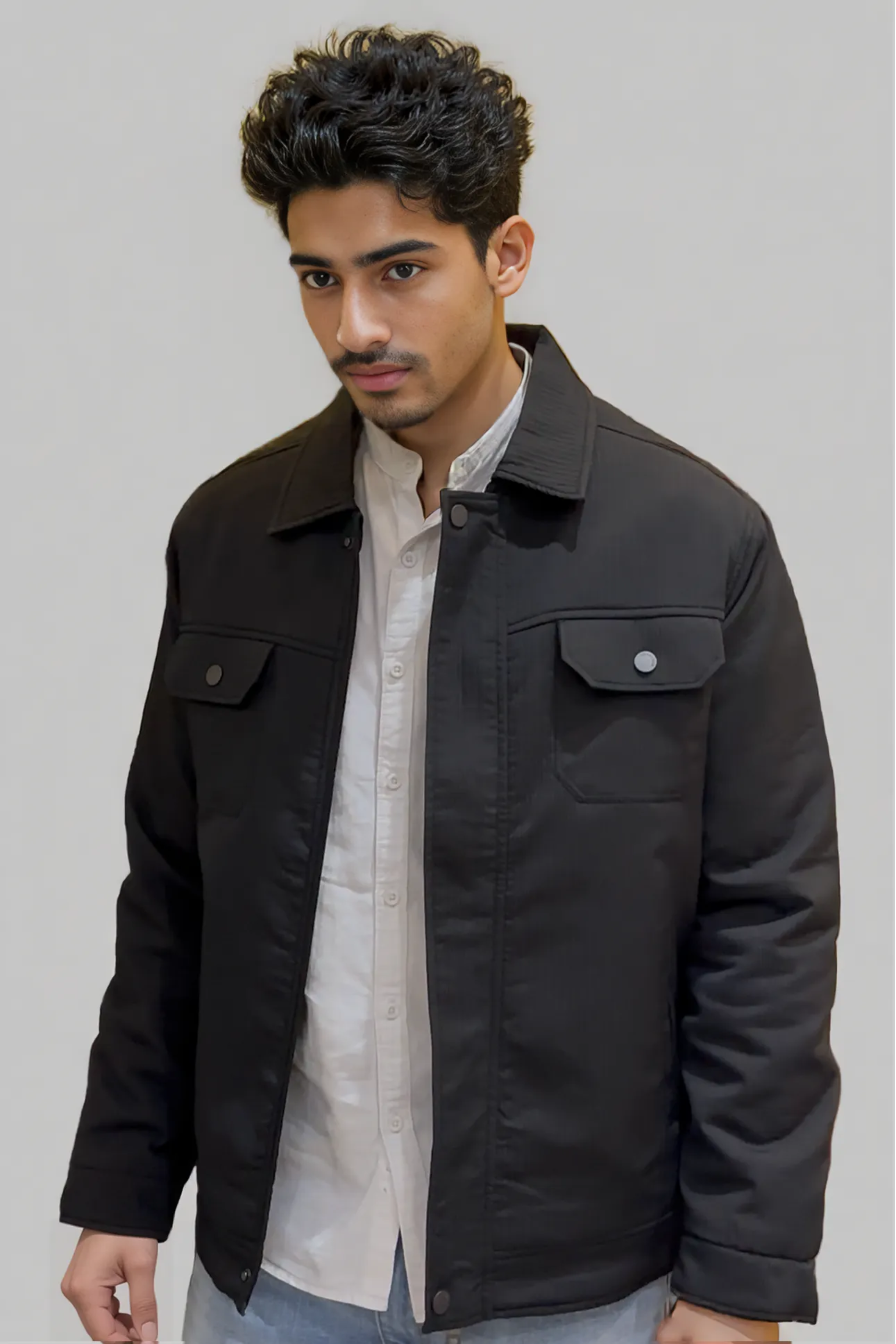 Man wearing a black jacket over a light shirt on a plain background