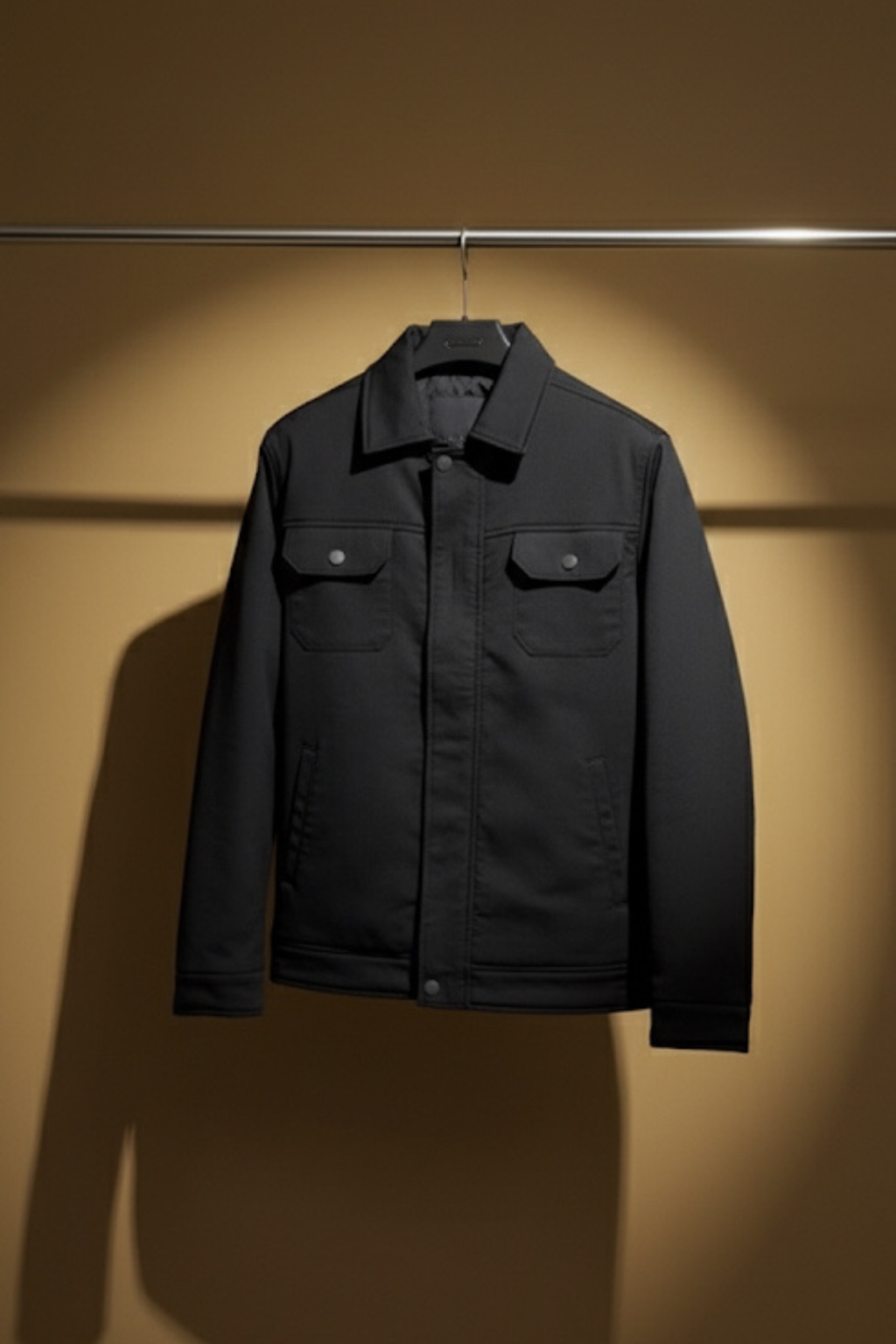 Black jacket hanging on a rack against a beige wall