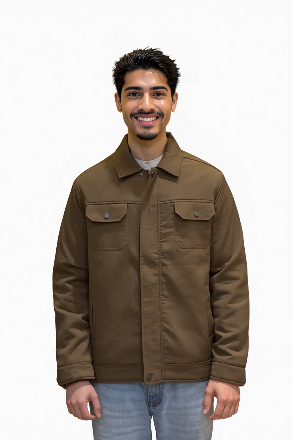 Man wearing a brown jacket on a white background