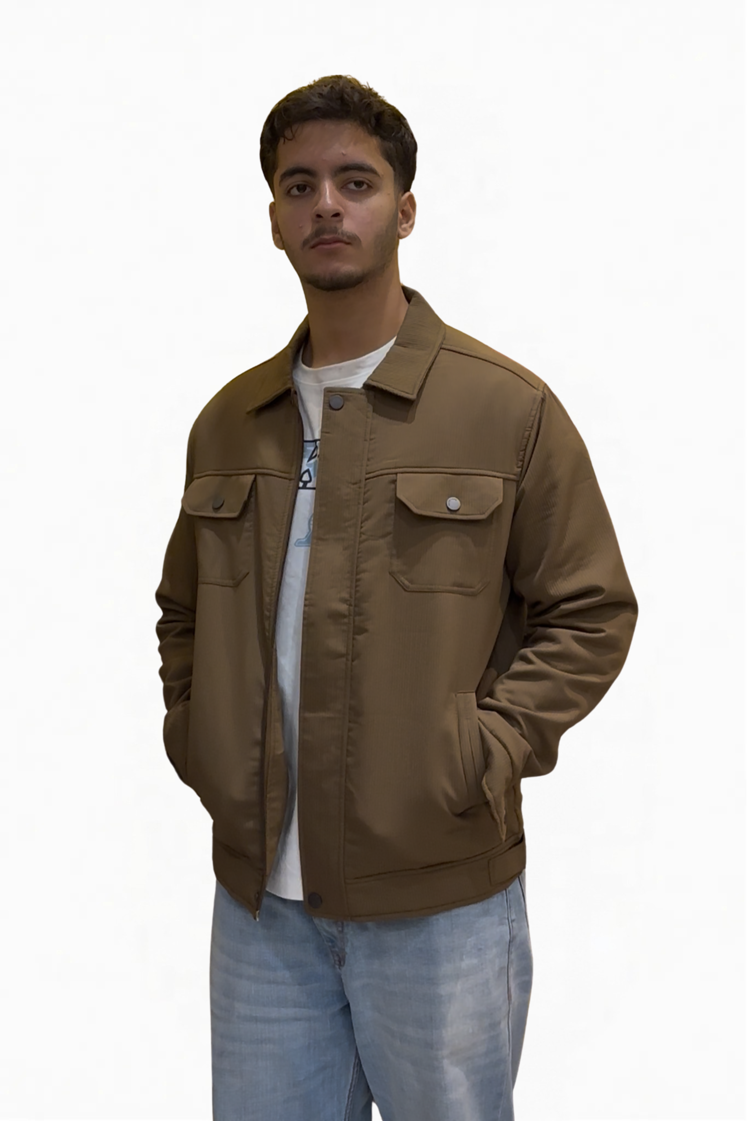 Man wearing a brown jacket on a white background