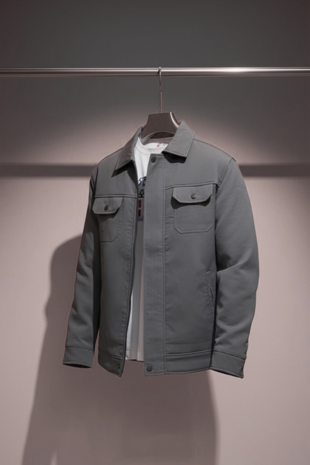 Gray jacket hanging on a rack against a neutral background
