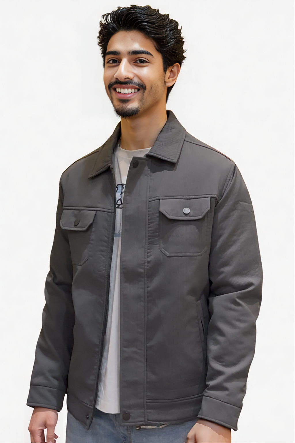 Man wearing a gray jacket on a white background