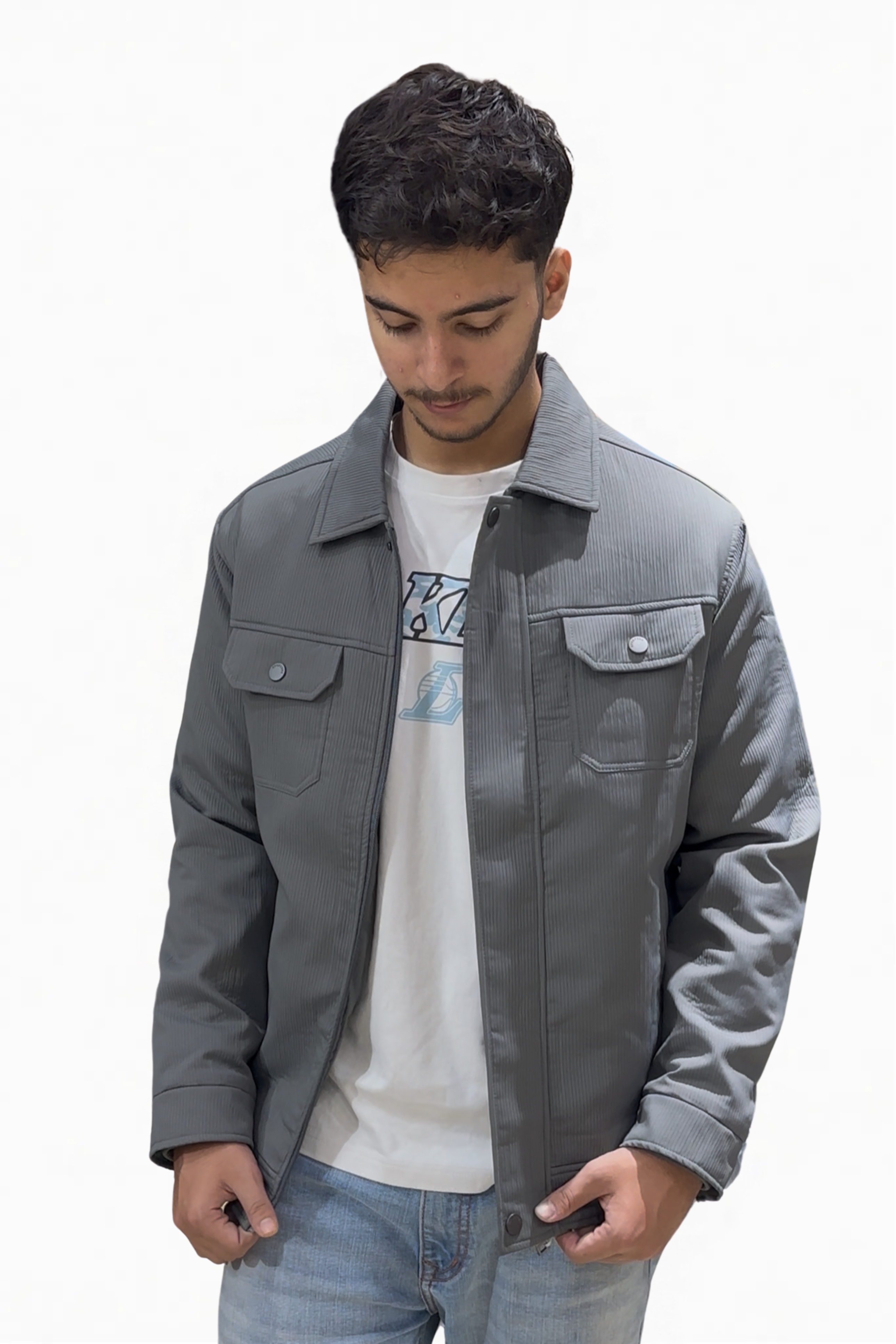 Man wearing a gray jacket over a white shirt with a graphic design on a white background