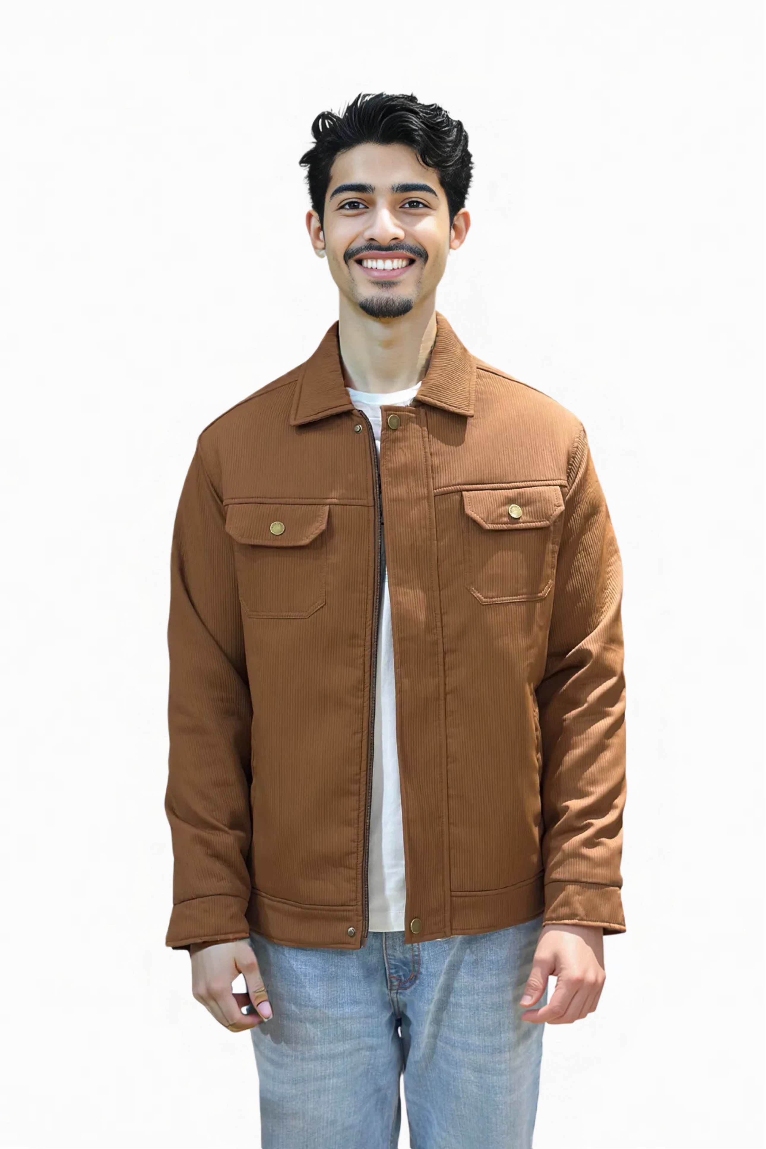 Man wearing a brown jacket on a white background