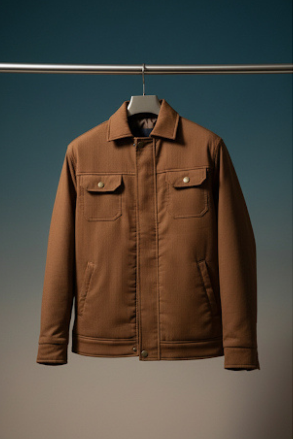 Brown jacket hanging on a rack against a gradient background