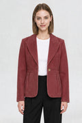 RFORTUNE copper red short blazer coat, front view, peaked lapel and gold button closure