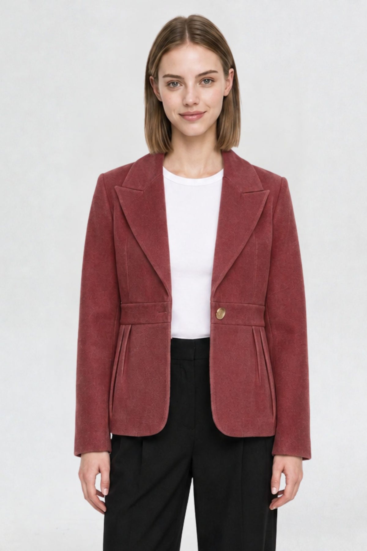 RFORTUNE copper red short blazer coat, front view, peaked lapel and gold button closure