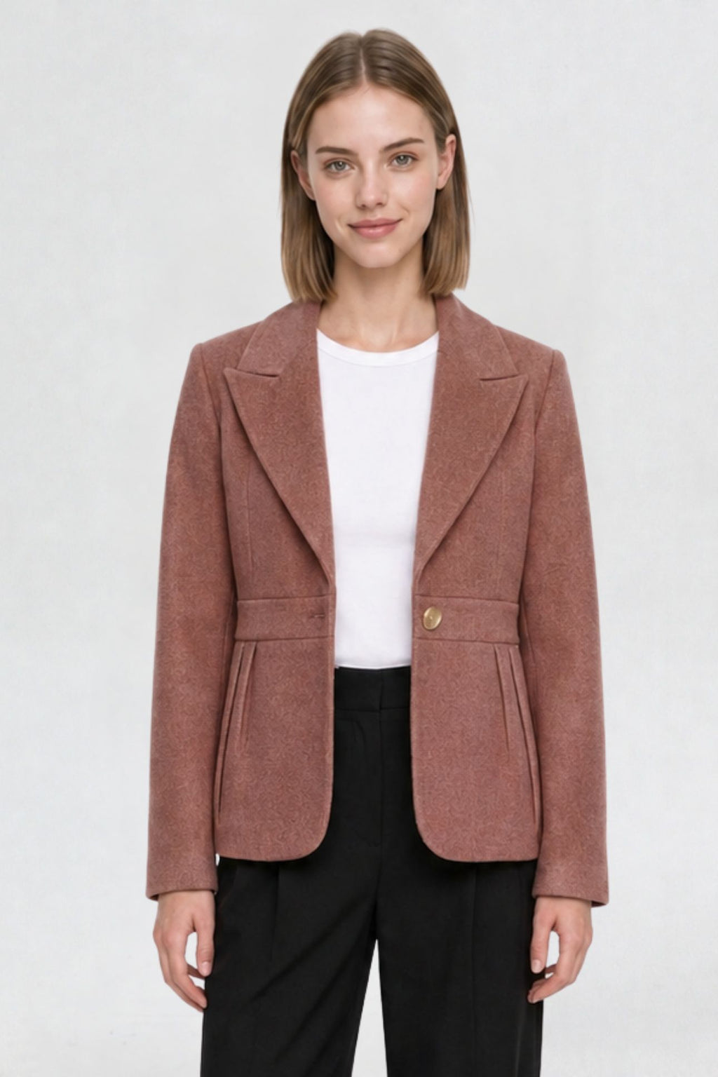 RFORTUNE dark onion short blazer coat, front view, peaked lapel and gold button closure