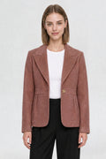 RFORTUNE dark onion short blazer coat, front view, peaked lapel and gold button closure