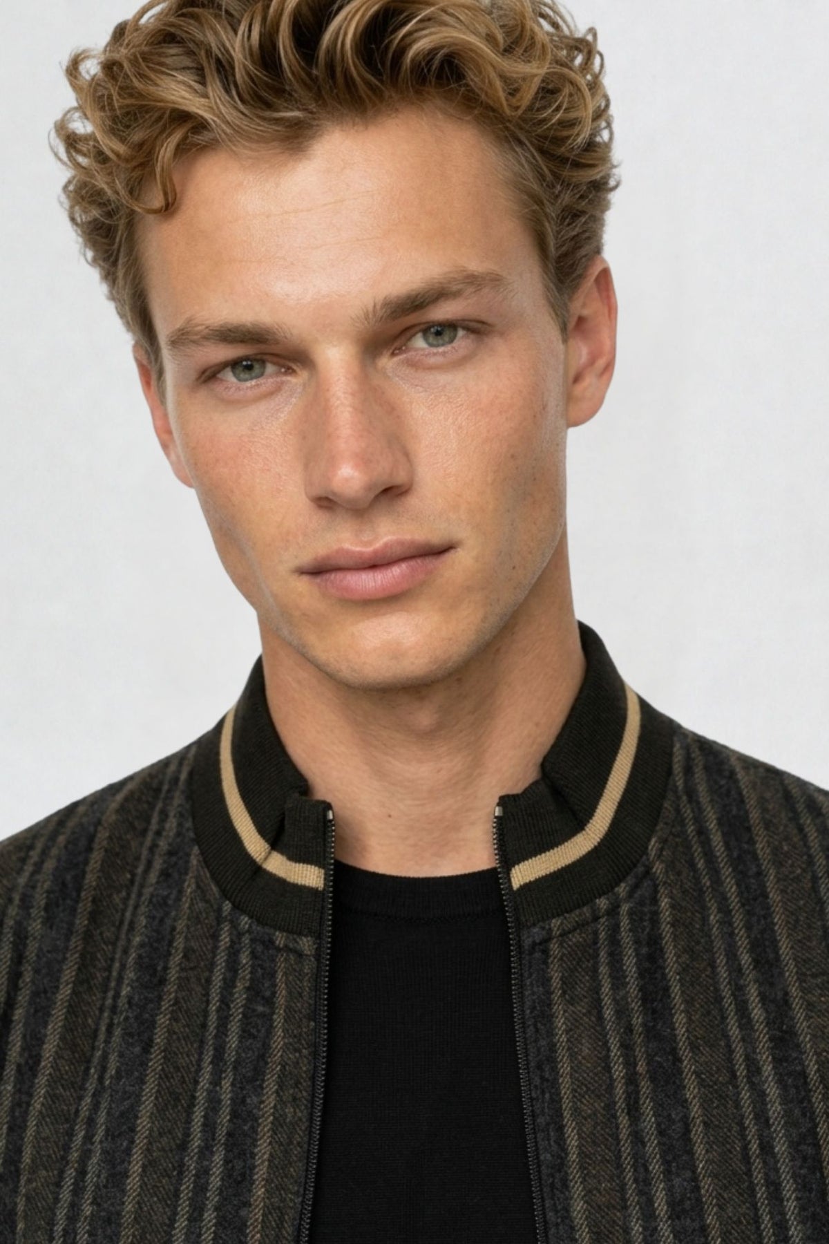 Close-up of black mandarin collar half sleeve jacket showing tan trim detail and striped fabric texture