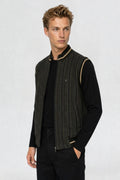 RFORTUNE men's black mandarin collar half sleeve jacket, side view, tan-trimmed collar and zip front