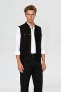 RFORTUNE men's black tweed cargo half sleeve jacket, side view, mandarin collar and flap pocket detail