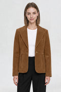 RFORTUNE women's tan brown short blazer coat, front view, peaked lapel and gold button closure