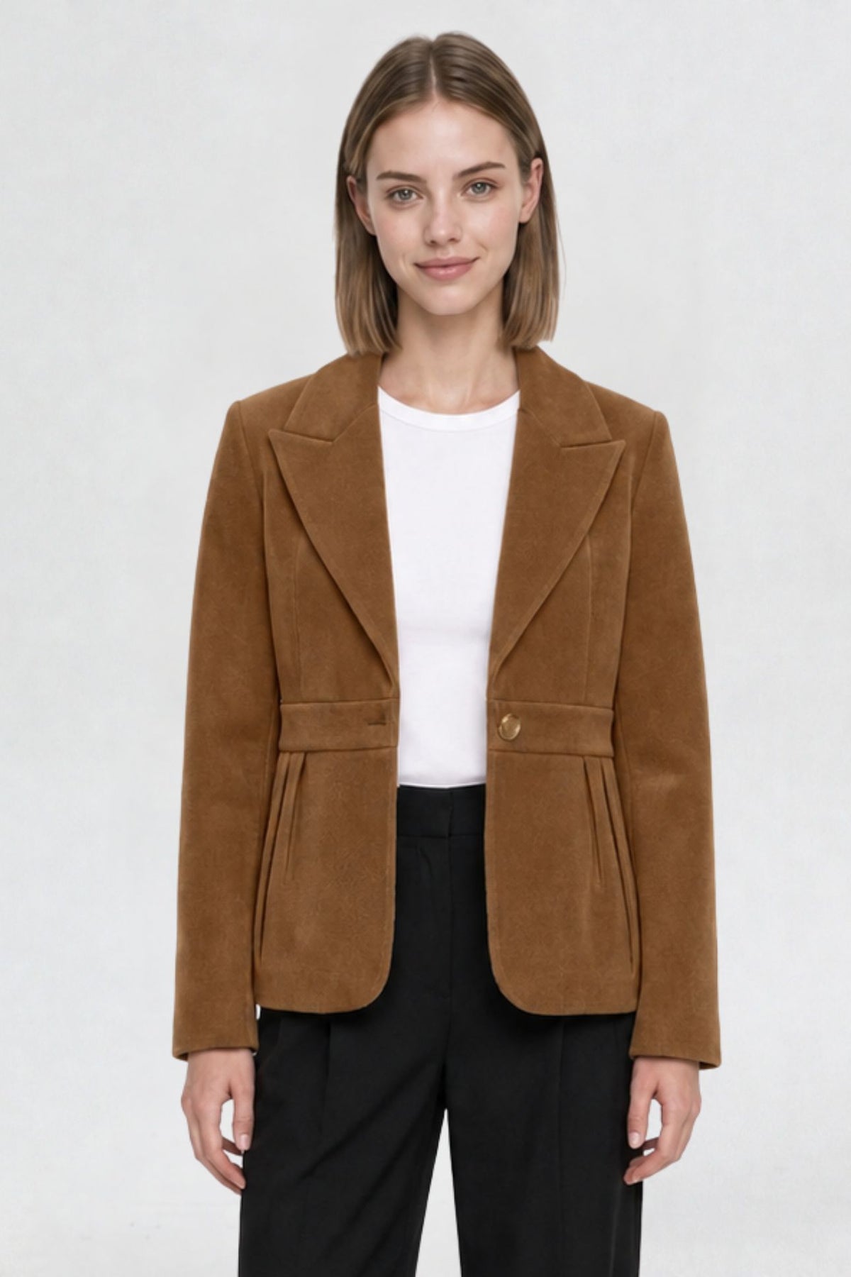 RFORTUNE women's tan brown short blazer coat, front view, peaked lapel and gold button closure