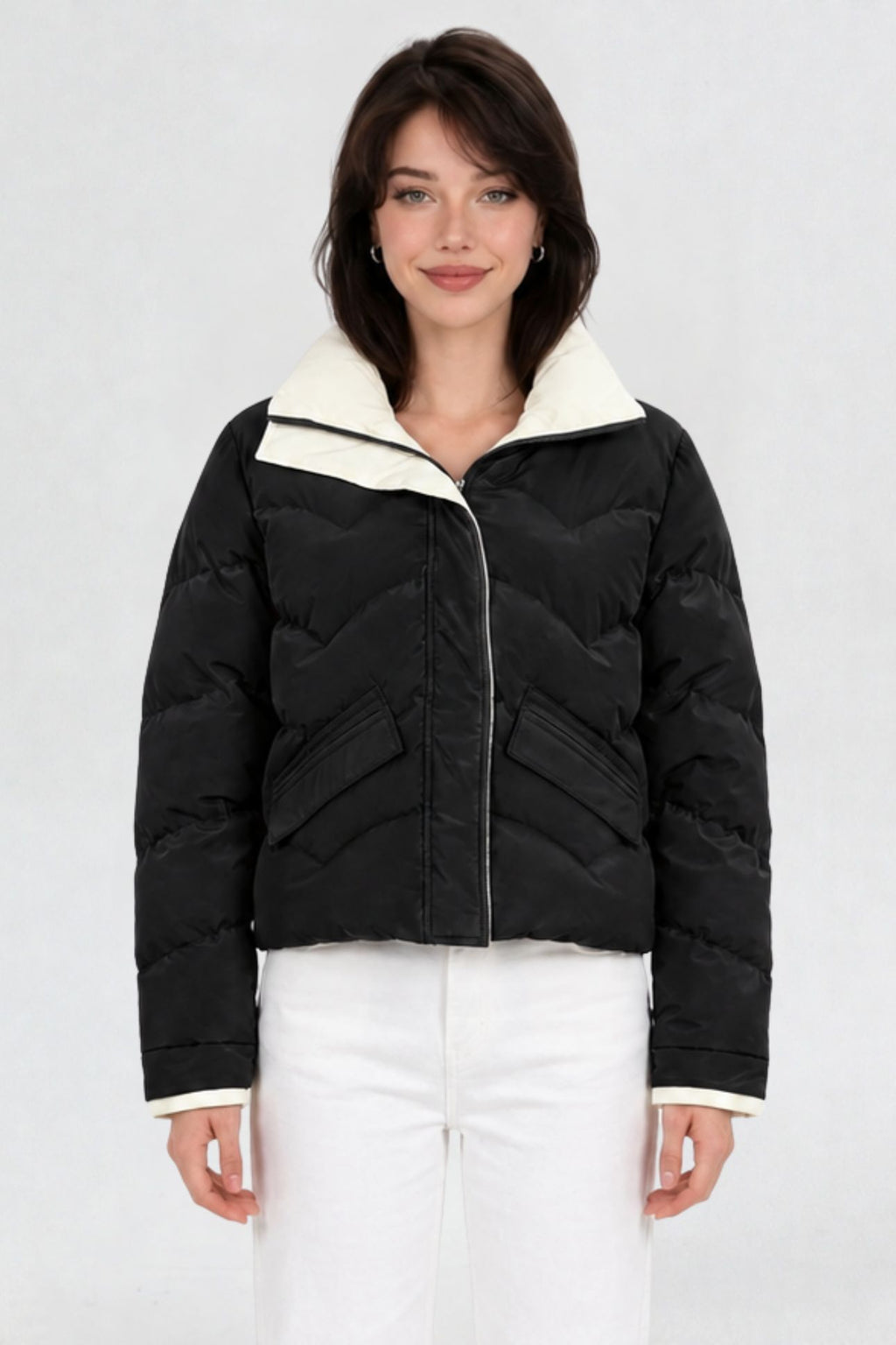 RFORTUNE women's black puffer jacket, front waist-up view, cream contrast collar and zip closure