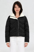 RFORTUNE women's black puffer jacket, front waist-up view, cream contrast collar and zip closure