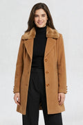 RFORTUNE women's camel brown faux fur overcoat, front waist-up view, faux fur collar and tortoiseshell button closure