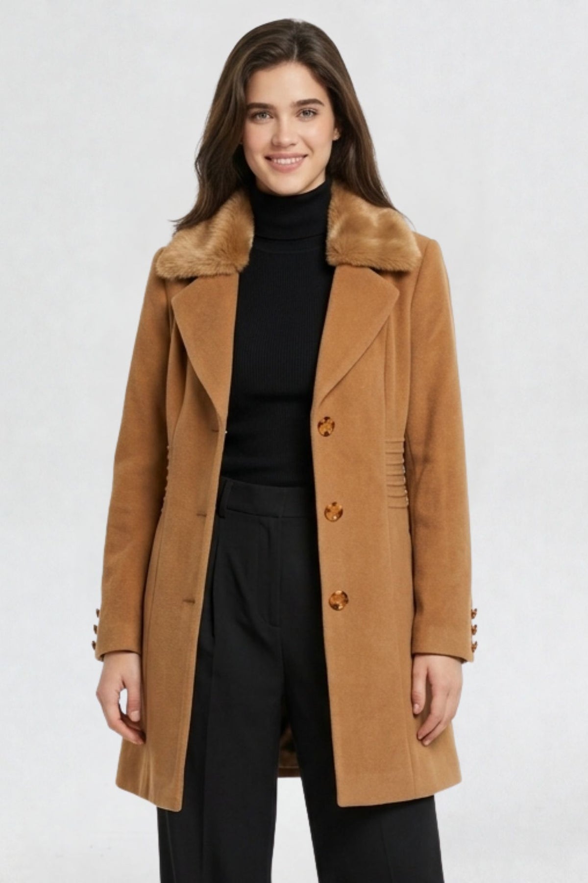 RFORTUNE women's camel brown faux fur overcoat, front waist-up view, faux fur collar and tortoiseshell button closure