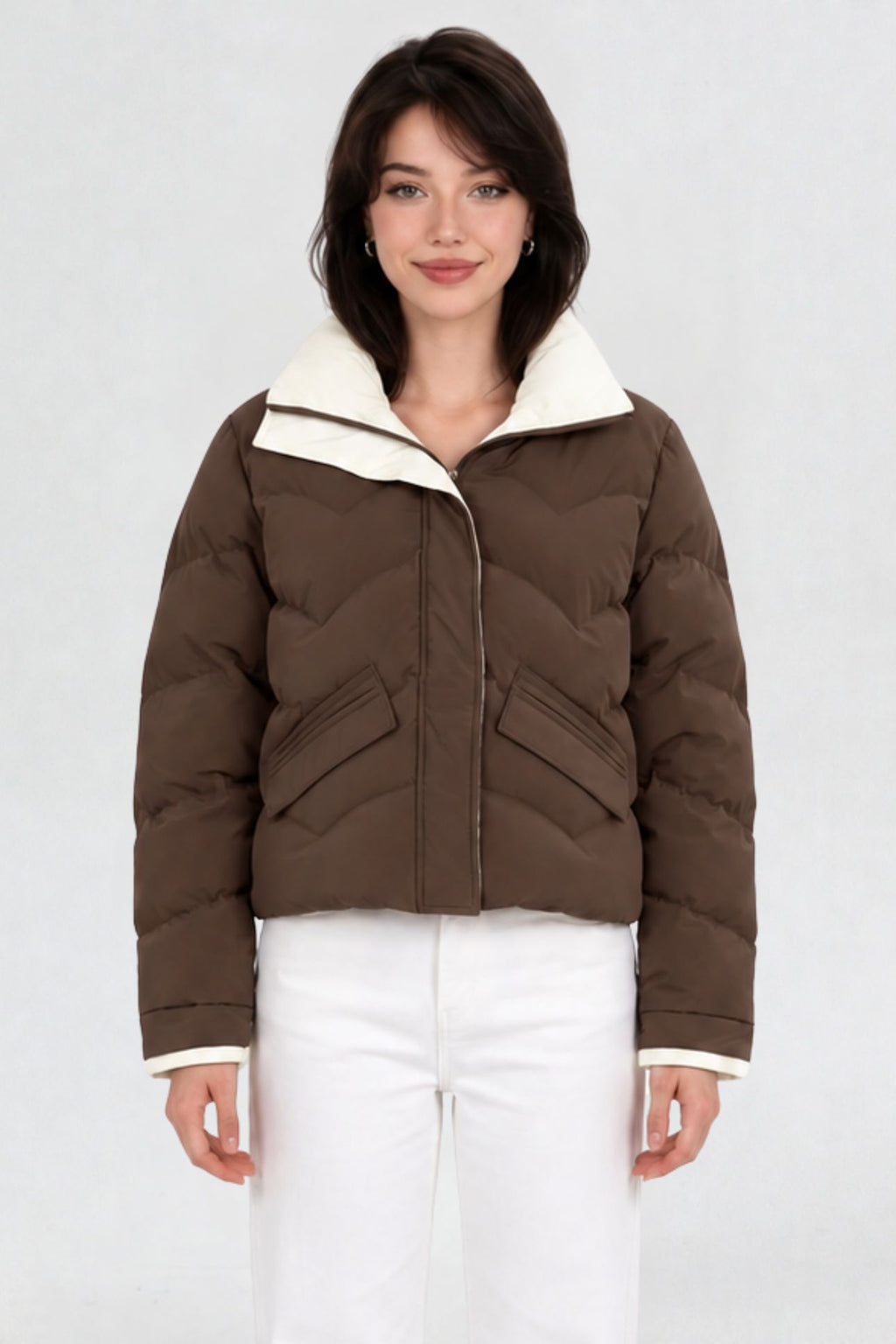 RFORTUNE women's coffee brown puffer jacket, front waist-up view, cream contrast collar and zip closure
