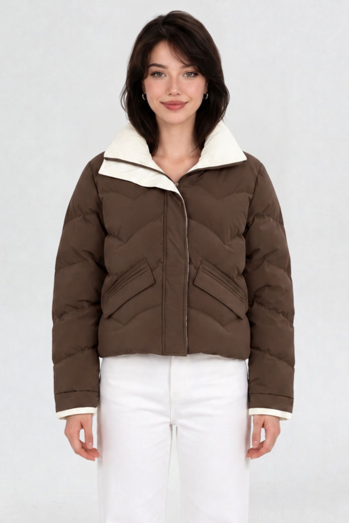 RFORTUNE women's coffee brown puffer jacket, front waist-up view, cream contrast collar and zip closure