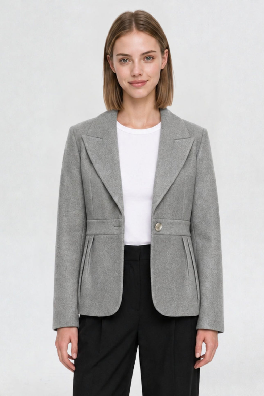 RFORTUNE women's grey short blazer coat, front view, peaked lapel and gold button closure