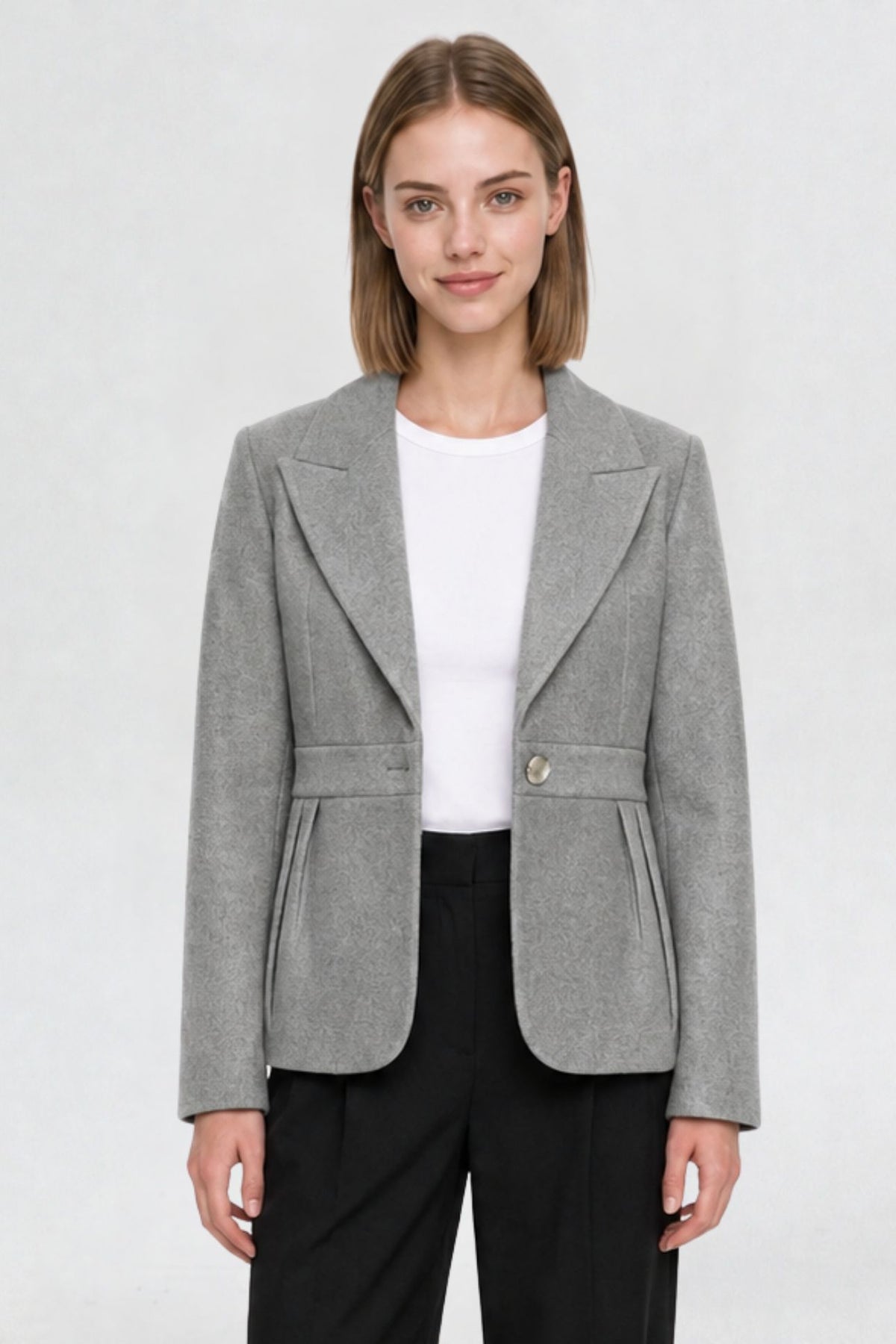 RFORTUNE women's grey short blazer coat, front view, peaked lapel and gold button closure