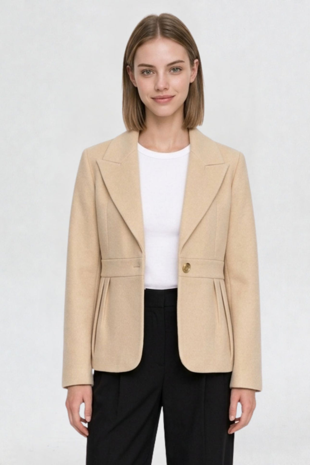 RFORTUNE women's light beige short blazer coat, front view, peaked lapel and gold button closure