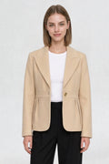 RFORTUNE women's light beige short blazer coat, front view, peaked lapel and gold button closure