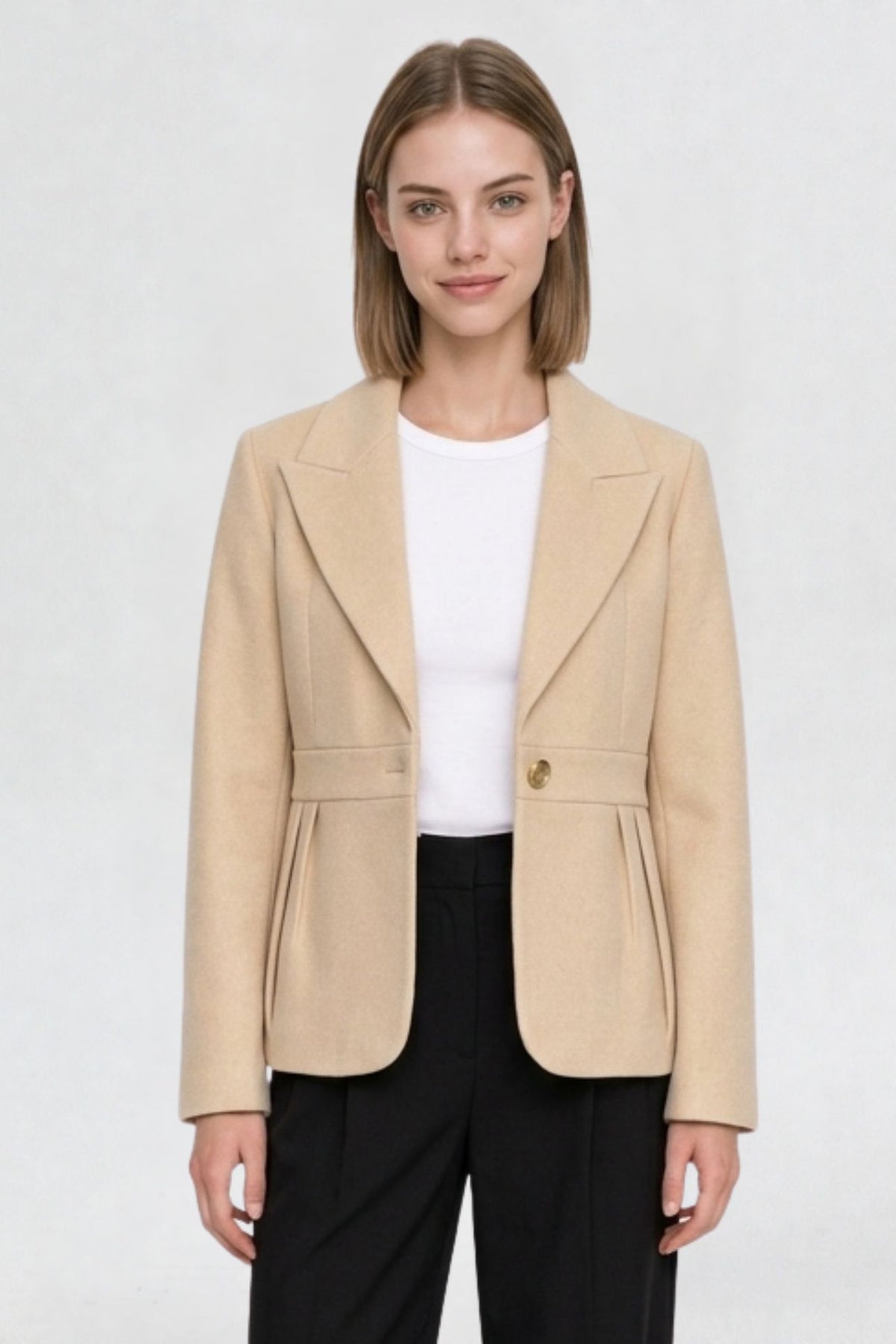 RFORTUNE women's light beige short blazer coat, front view, peaked lapel and gold button closure