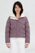 RFORTUNE women's mauve purple puffer jacket, front waist-up view, cream contrast collar and zip closure