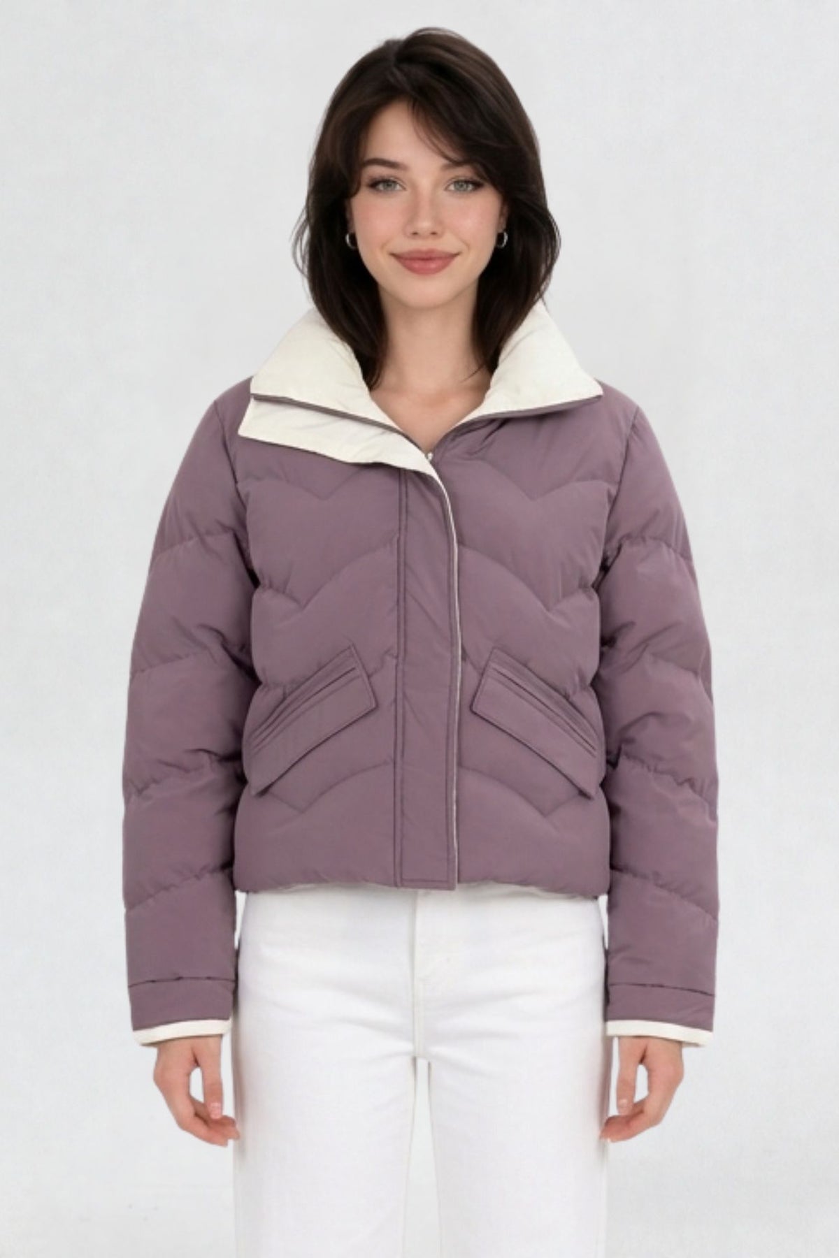 RFORTUNE women's mauve purple puffer jacket, front waist-up view, cream contrast collar and zip closure