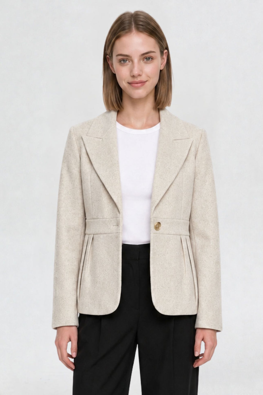 RFORTUNE women's off white short blazer coat, front view, peaked lapel and gold button closure