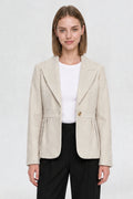 RFORTUNE women's off white short blazer coat, front view, peaked lapel and gold button closure