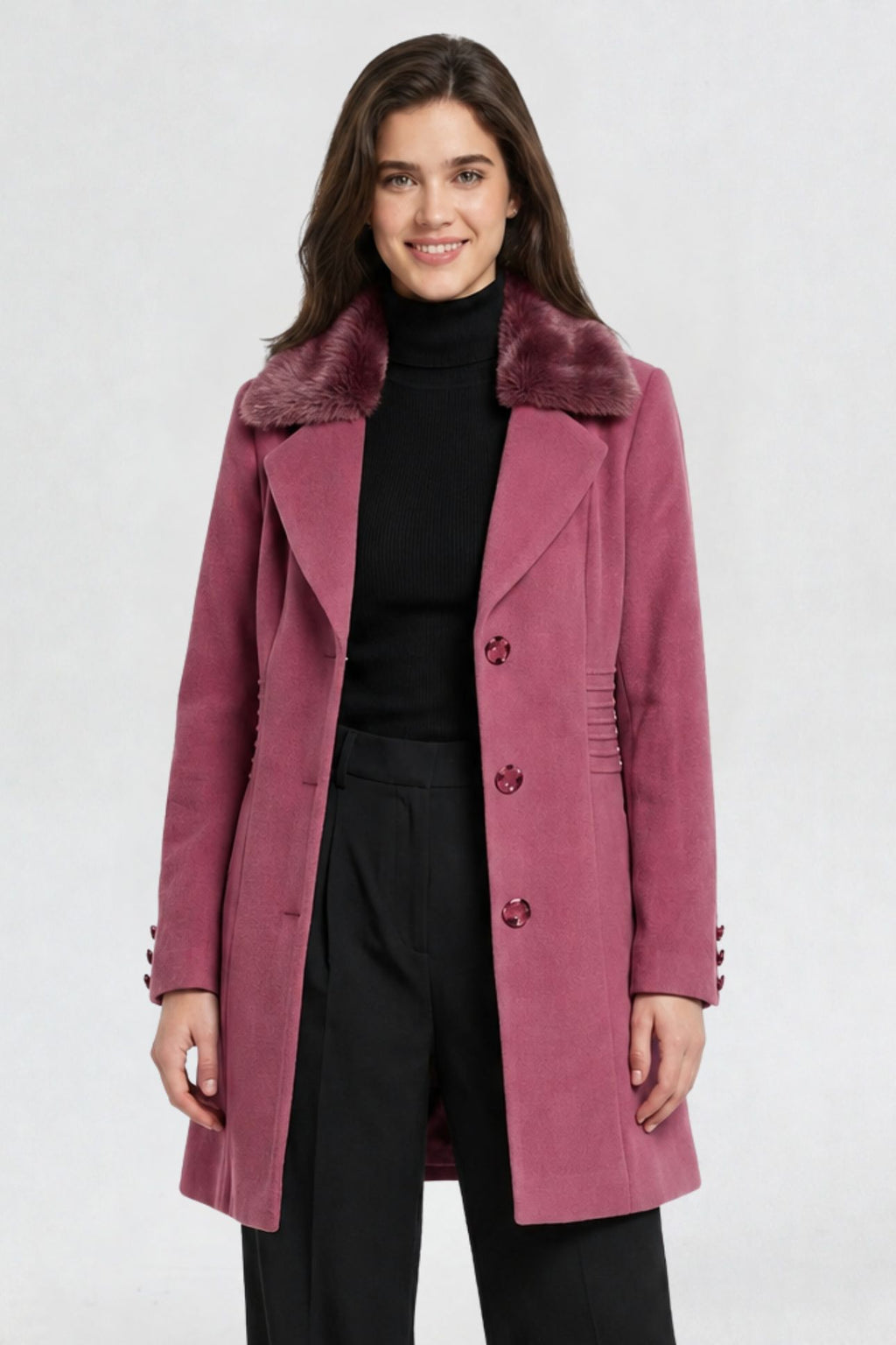 women's pink faux fur overcoat, front waist-up view, faux fur collar and tortoiseshell button closure